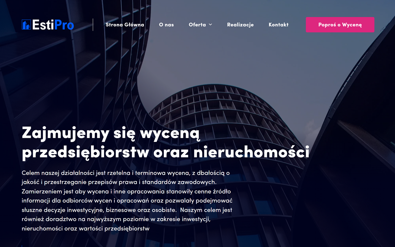 Podgląd strony Wyceny nieruchomości i przedsiębiorstw | Estipro